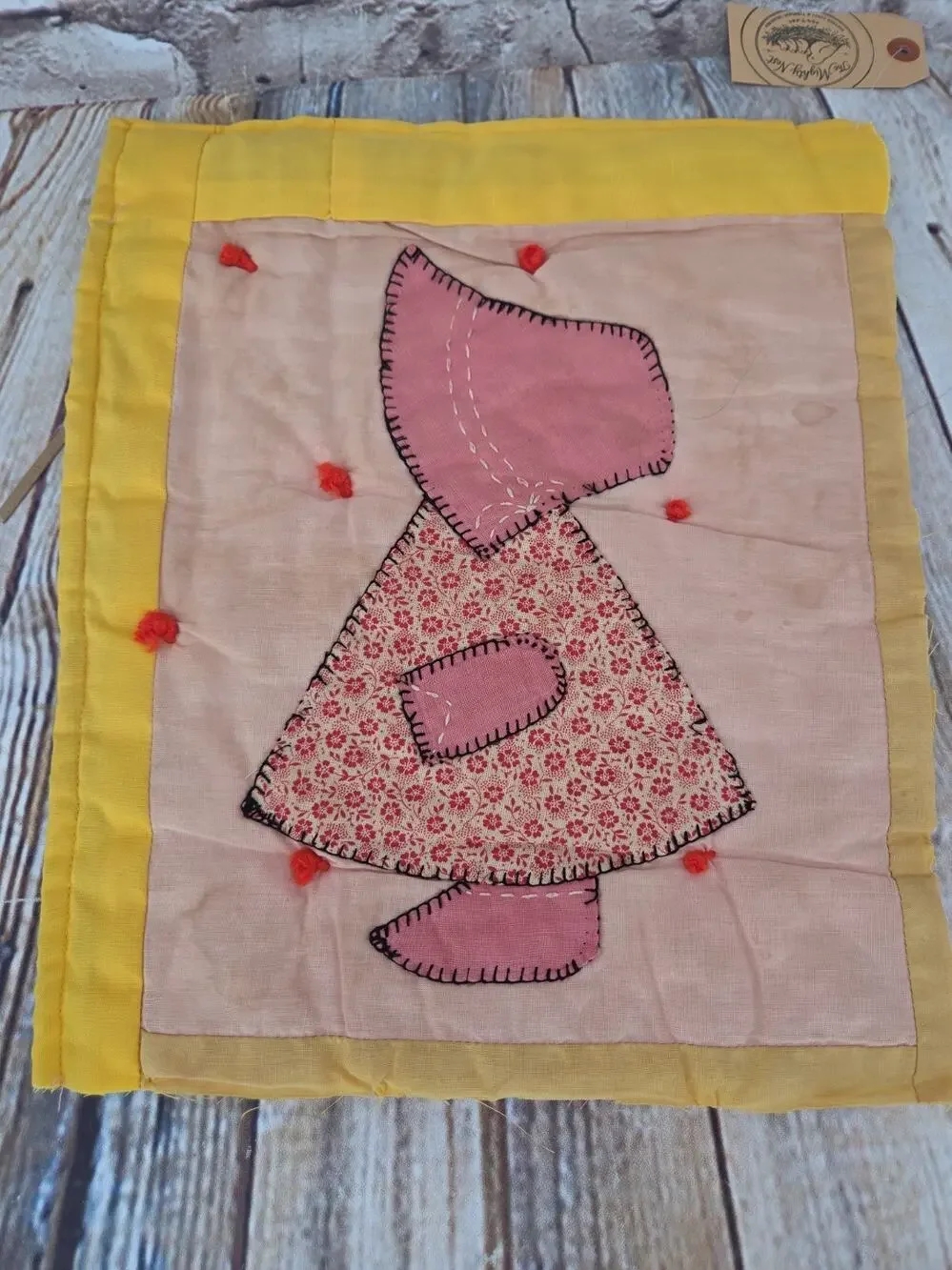 Vintage Cutter Quilt Piece 10” x 12” Sunbonnet Sue & Overall Sam Red Dress